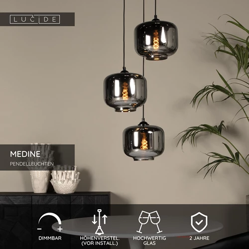 Lucide MEDINE - Pendelleuchten - Ø 46 cm - 3xE27 - Rauchfarbe Grau - USP